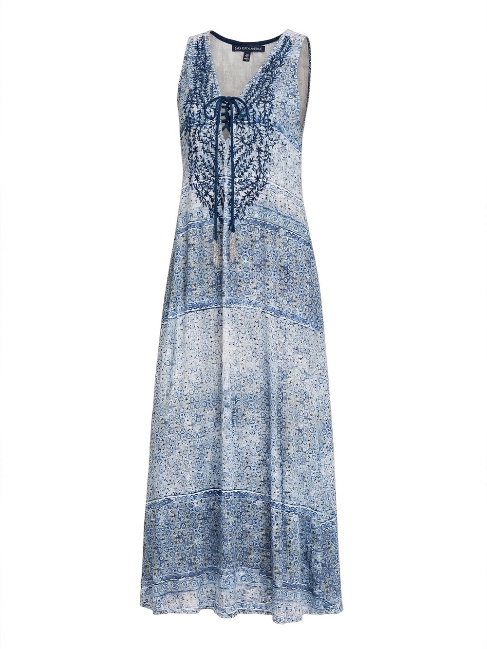 Saks Fifth Avenue Blue Printed Tie-Front Maxi Dress with Embroidery Size S/P